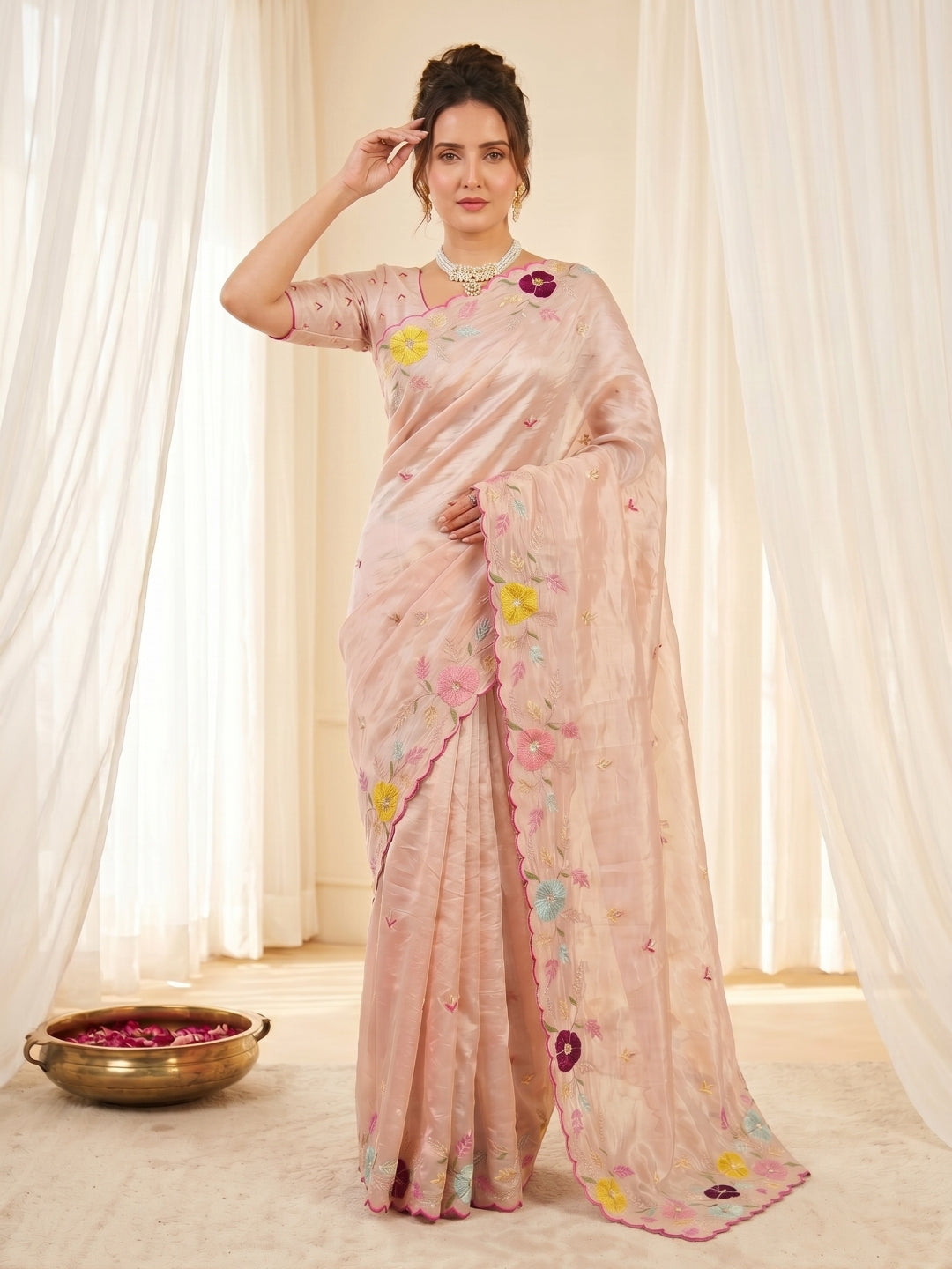 Peach Original Glass Tissue Saree Designer Party Wear Saree With Multi Thread Embroidery Handwork Border Wedding Festive Saree