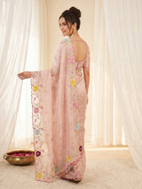Peach Original Glass Tissue Saree Designer Party Wear Saree With Multi Thread Embroidery Handwork Border Wedding Festive Saree
