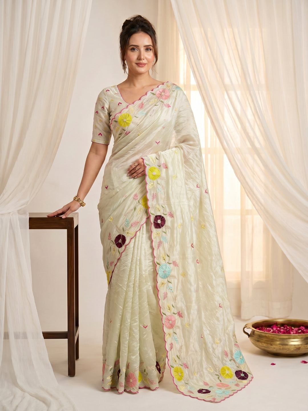 Pista Original Glass Tissue Saree Designer Party Wear Saree With Multi Thread Embroidery Handwork Border Wedding Festive Saree