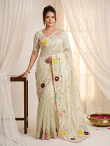 Pista Original Glass Tissue Saree Designer Party Wear Saree With Multi Thread Embroidery Handwork Border Wedding Festive Saree