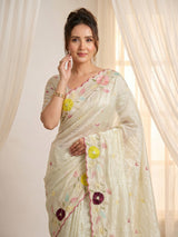 Pista Original Glass Tissue Saree Designer Party Wear Saree With Multi Thread Embroidery Handwork Border Wedding Festive Saree