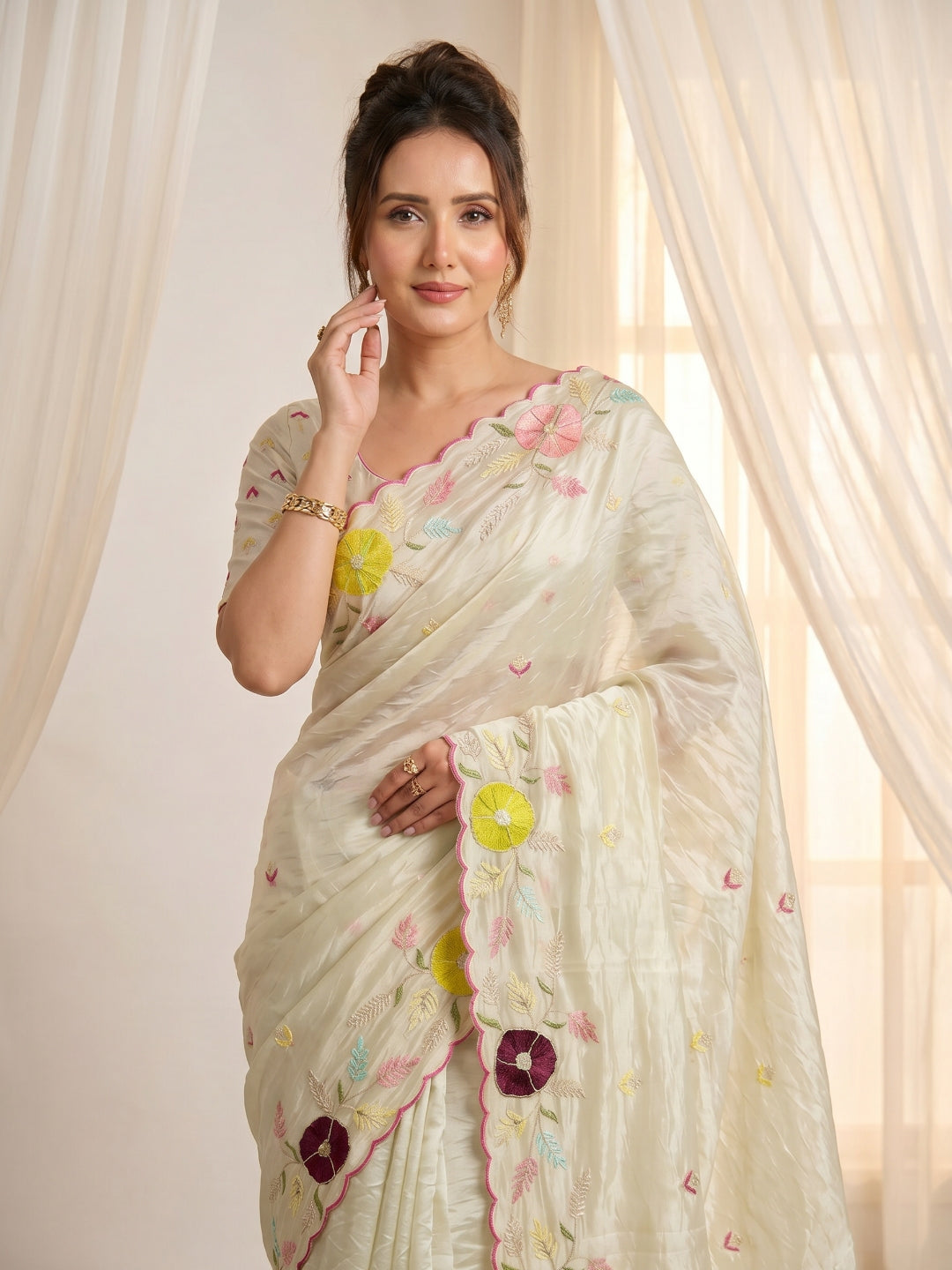 Pista Original Glass Tissue Saree Designer Party Wear Saree With Multi Thread Embroidery Handwork Border Wedding Festive Saree