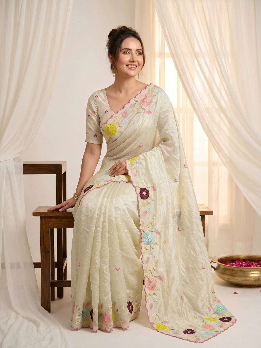 Pista Original Glass Tissue Saree Designer Party Wear Saree With Multi Thread Embroidery Handwork Border Wedding Festive Saree