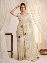 Pista Original Glass Tissue Saree Designer Party Wear Saree With Multi Thread Embroidery Handwork Border Wedding Festive Saree