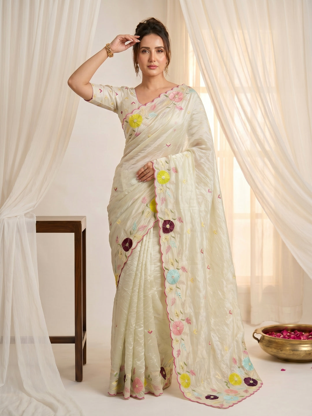 Pista Original Glass Tissue Saree Designer Party Wear Saree With Multi Thread Embroidery Handwork Border Wedding Festive Saree