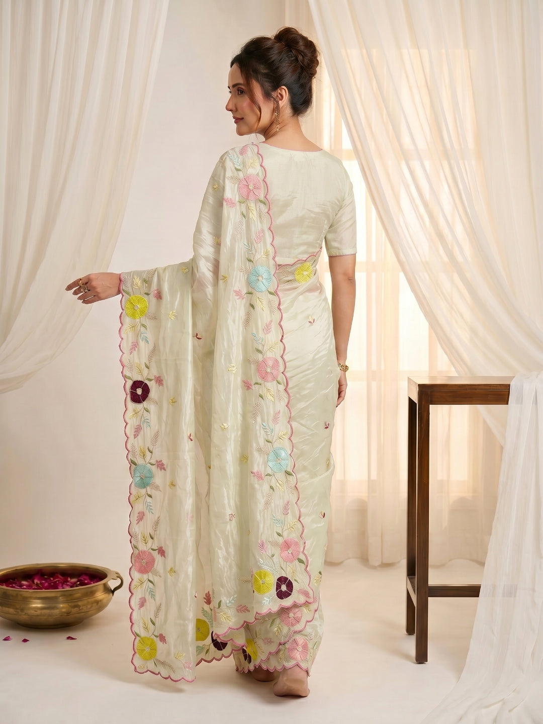 Pista Original Glass Tissue Saree Designer Party Wear Saree With Multi Thread Embroidery Handwork Border Wedding Festive Saree