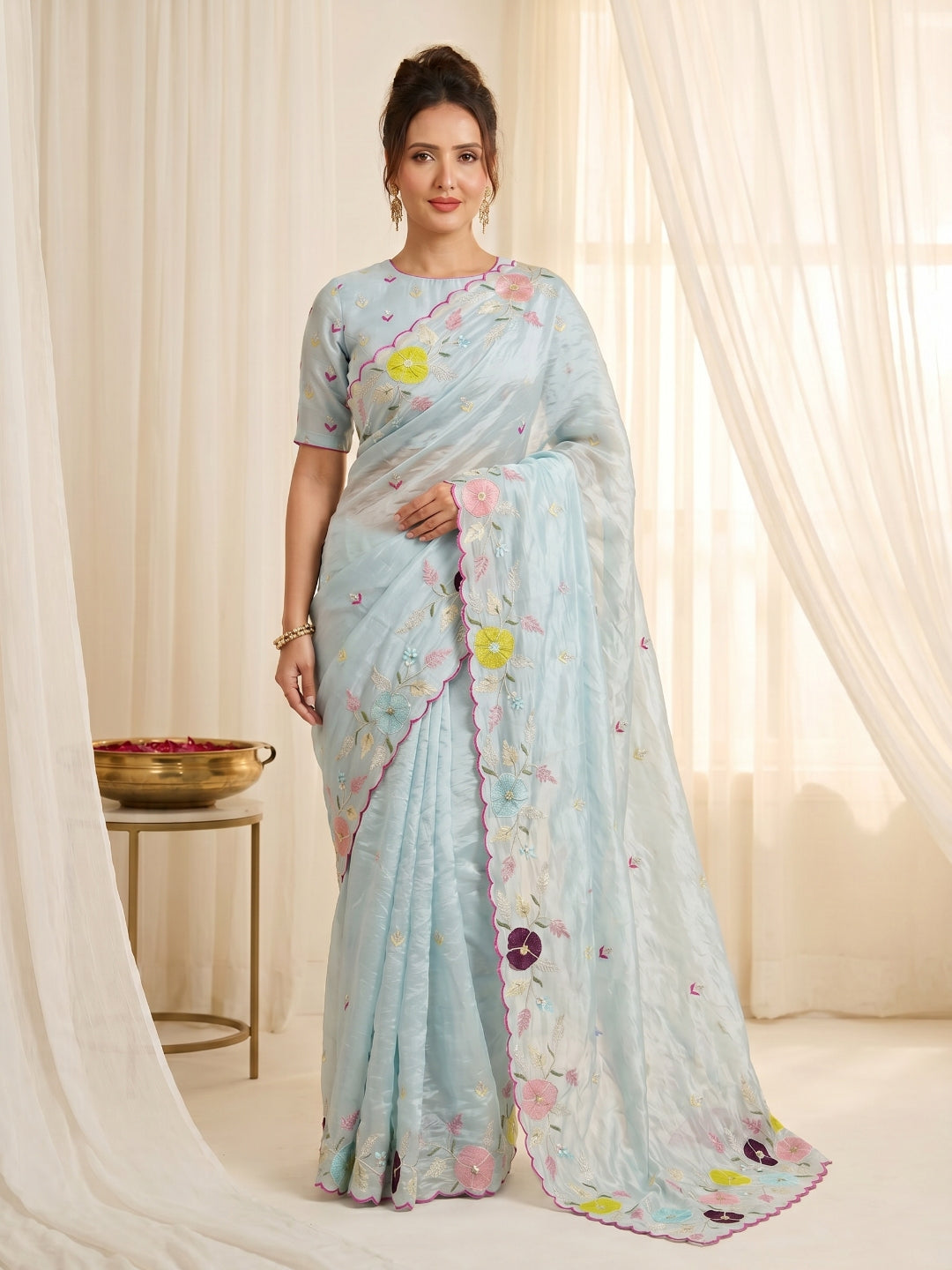 Sky Original Glass Tissue Saree Designer Party Wear Saree With Multi Thread Embroidery Handwork Border Wedding Festive Saree