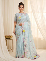 Sky Original Glass Tissue Saree Designer Party Wear Saree With Multi Thread Embroidery Handwork Border Wedding Festive Saree