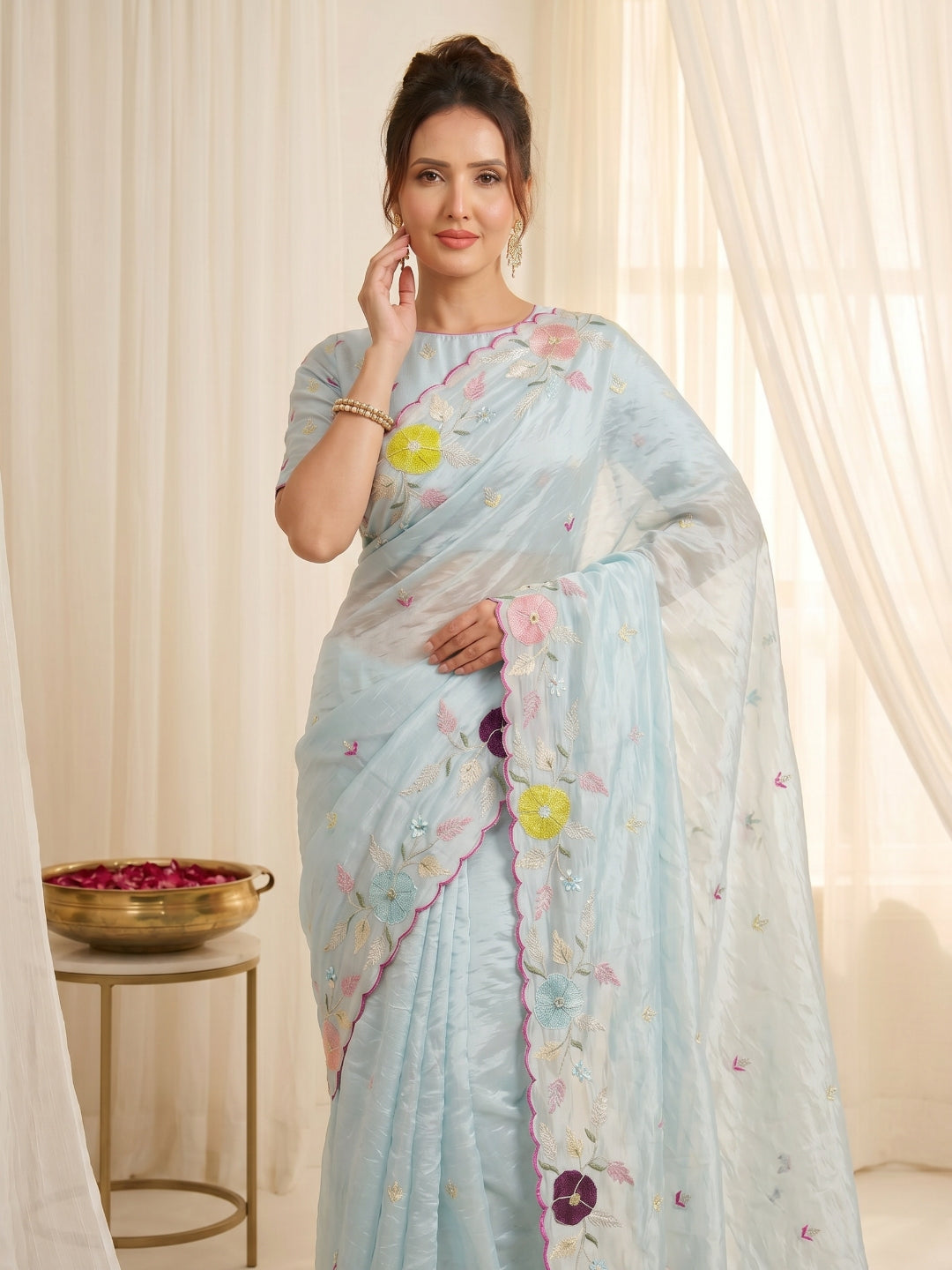 Sky Original Glass Tissue Saree Designer Party Wear Saree With Multi Thread Embroidery Handwork Border Wedding Festive Saree