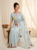 Sky Original Glass Tissue Saree Designer Party Wear Saree With Multi Thread Embroidery Handwork Border Wedding Festive Saree