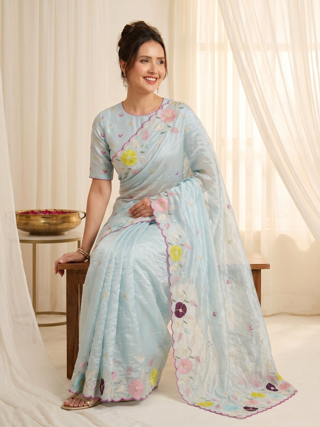 Sky Original Glass Tissue Saree Designer Party Wear Saree With Multi Thread Embroidery Handwork Border Wedding Festive Saree