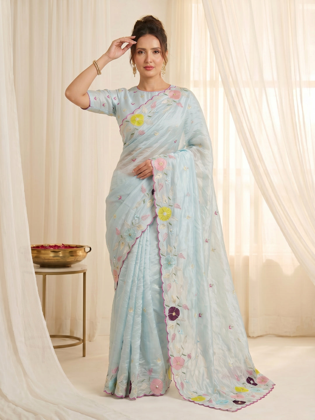 Sky Original Glass Tissue Saree Designer Party Wear Saree With Multi Thread Embroidery Handwork Border Wedding Festive Saree
