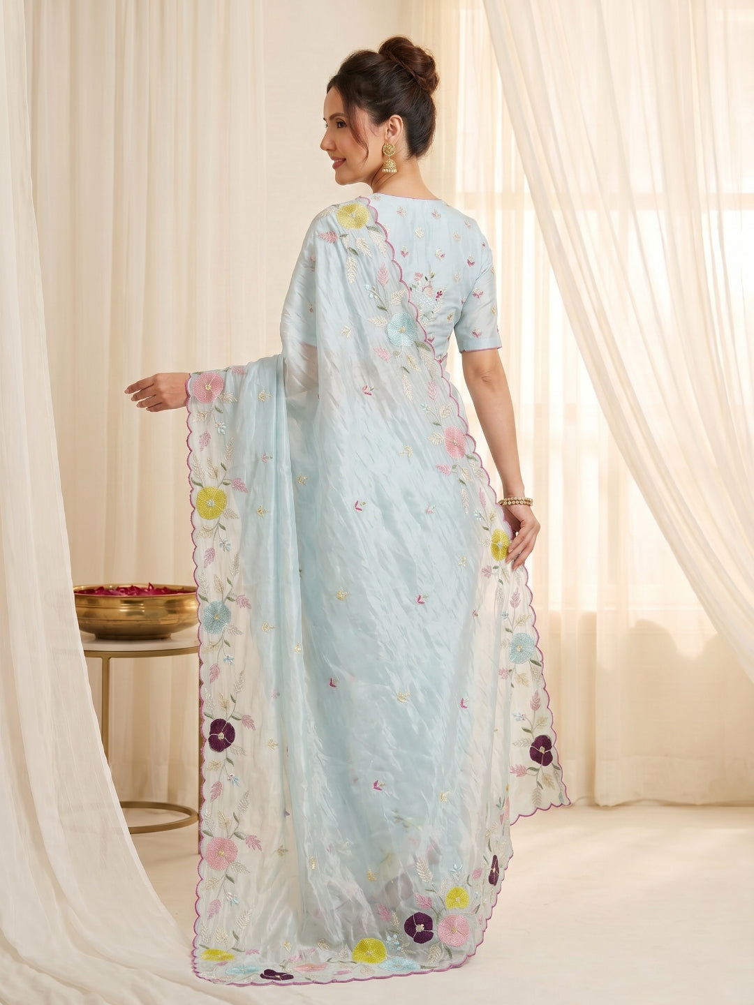 Sky Original Glass Tissue Saree Designer Party Wear Saree With Multi Thread Embroidery Handwork Border Wedding Festive Saree