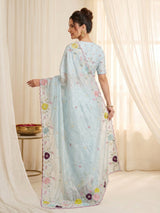 Sky Original Glass Tissue Saree Designer Party Wear Saree With Multi Thread Embroidery Handwork Border Wedding Festive Saree