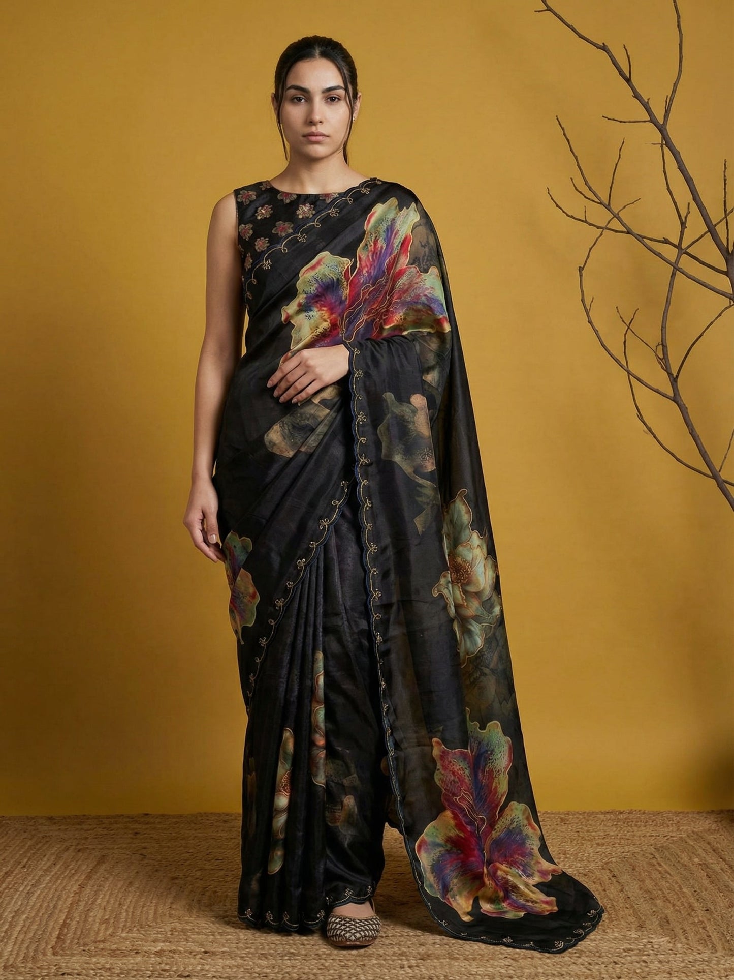 Fendy Satin Floral Printed Saree with Handwork Embroidery and Cutwork Aari Border
