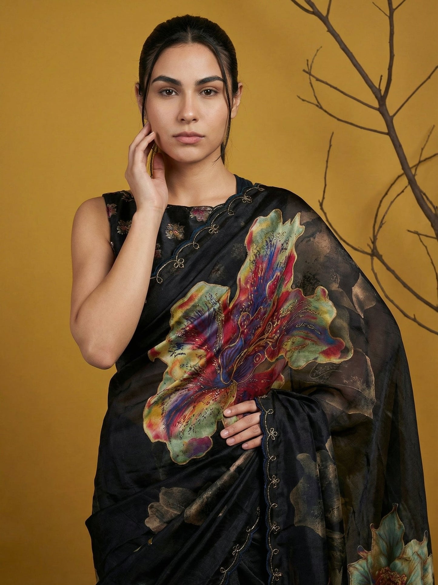 Fendy Satin Floral Printed Saree with Handwork Embroidery and Cutwork Aari Border
