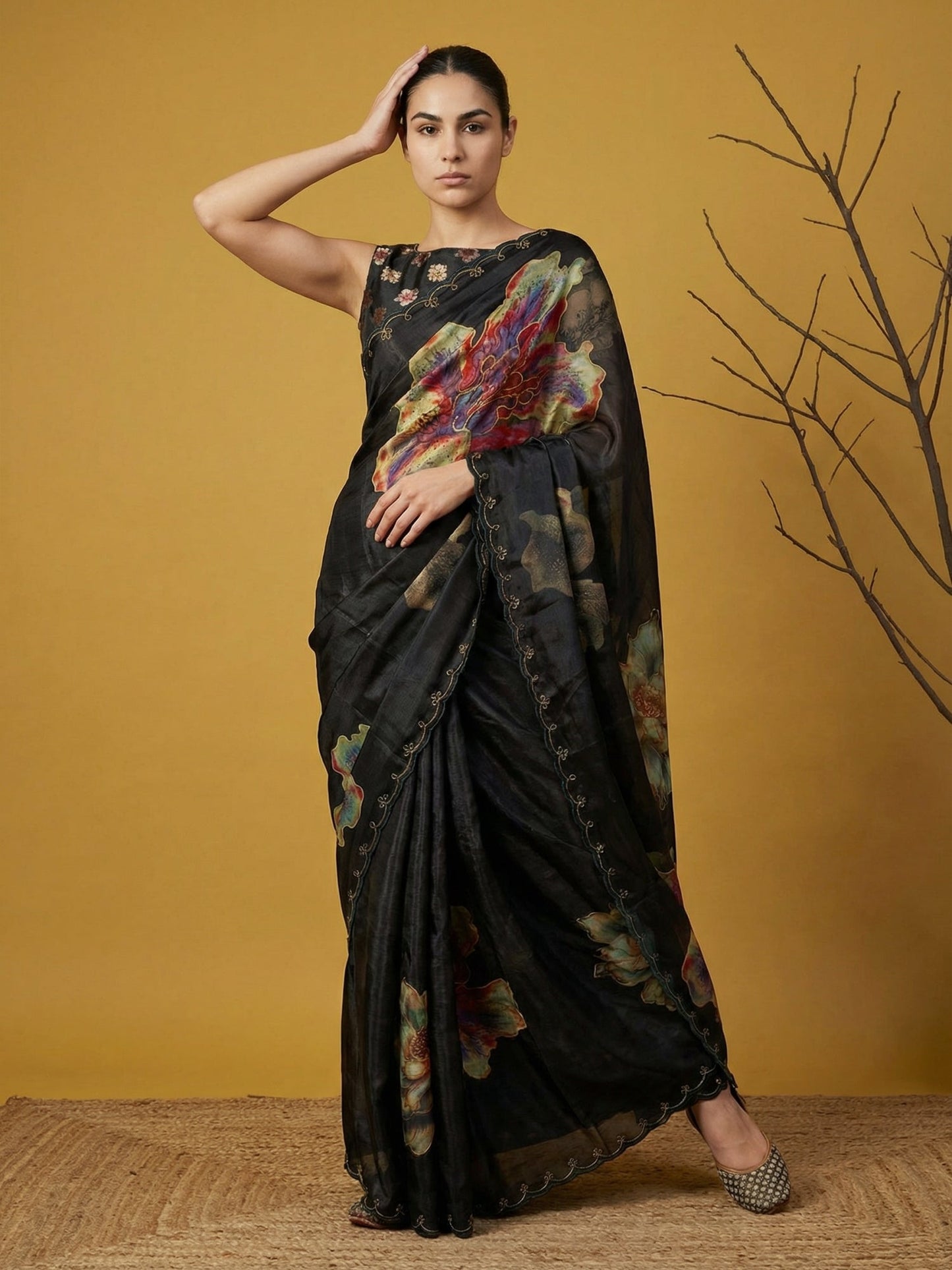 Fendy Satin Floral Printed Saree with Handwork Embroidery and Cutwork Aari Border