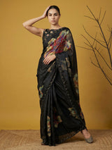 Fendy Satin Floral Printed Saree with Handwork Embroidery and Cutwork Aari Border
