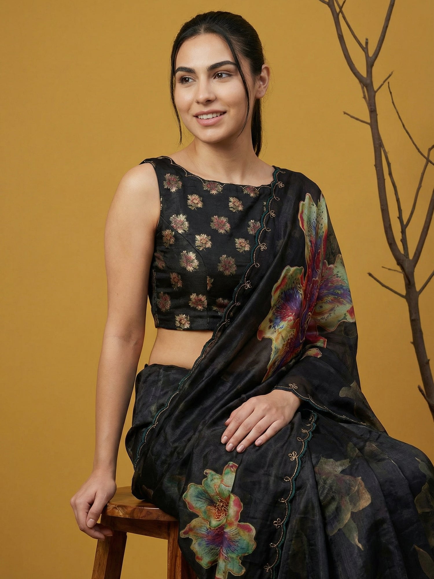 Fendy Satin Floral Printed Saree with Handwork Embroidery and Cutwork Aari Border
