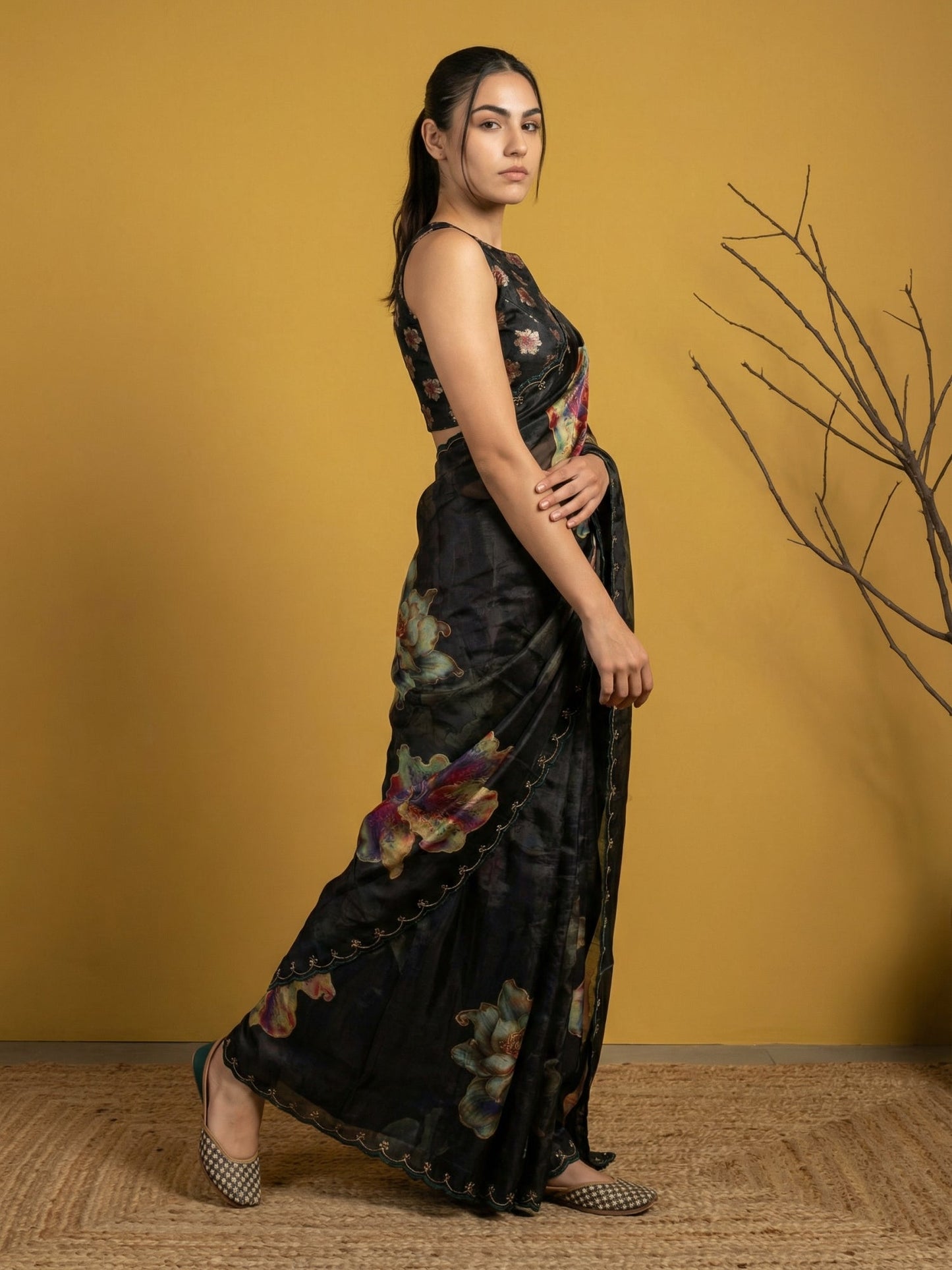 Fendy Satin Floral Printed Saree with Handwork Embroidery and Cutwork Aari Border