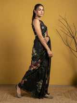Fendy Satin Floral Printed Saree with Handwork Embroidery and Cutwork Aari Border