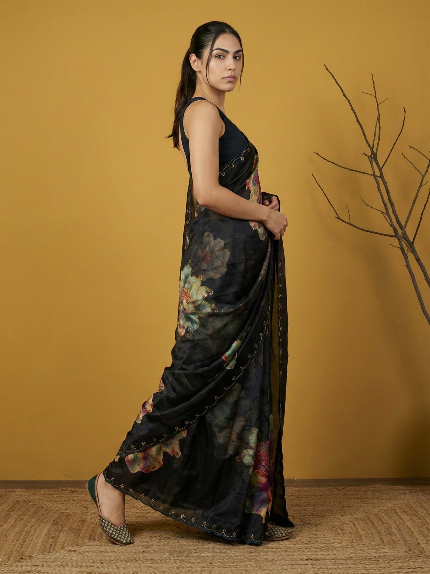 Fendy Satin Floral Printed Saree with Handwork Embroidery and Cutwork Aari Border