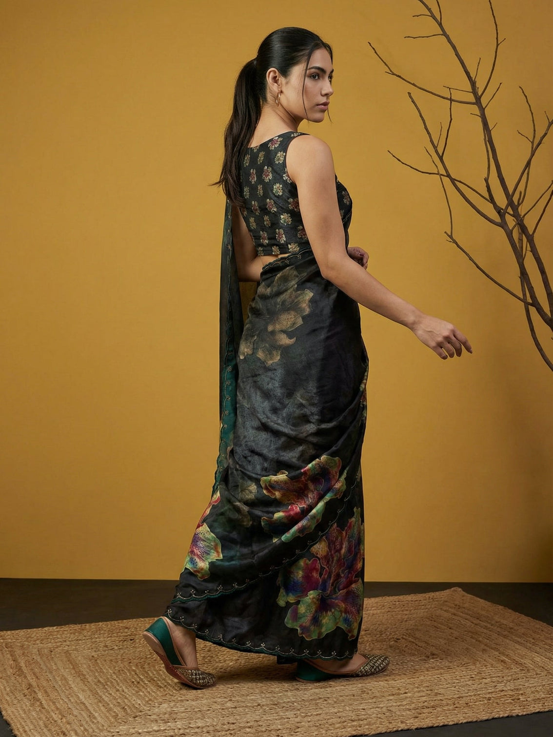 Fendy satin floral printed saree with handwork embroidery cutwork border