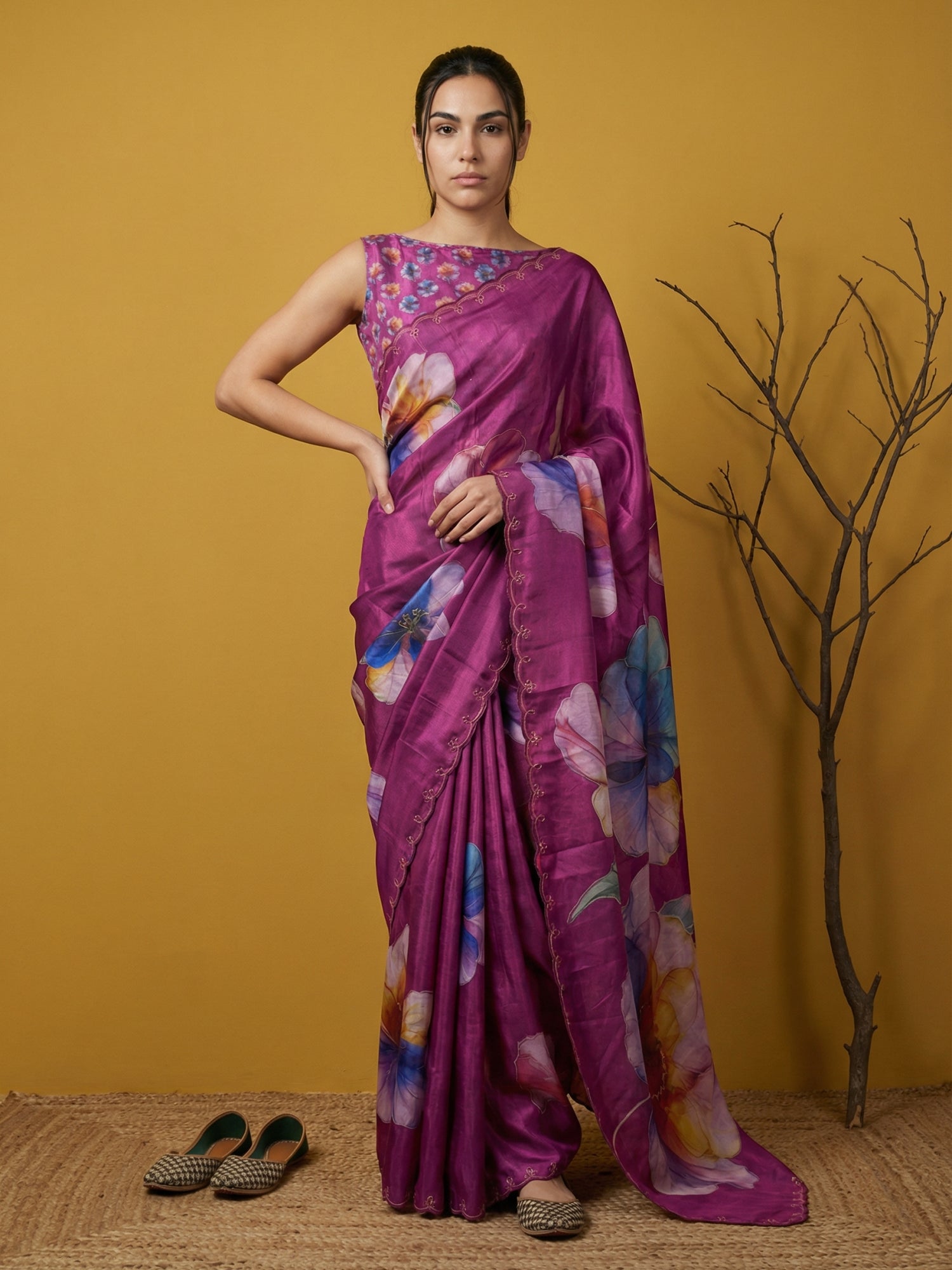 Fendy Satin Floral Printed DarkPink Saree with Handwork Embroidery and Cutwork Aari Border