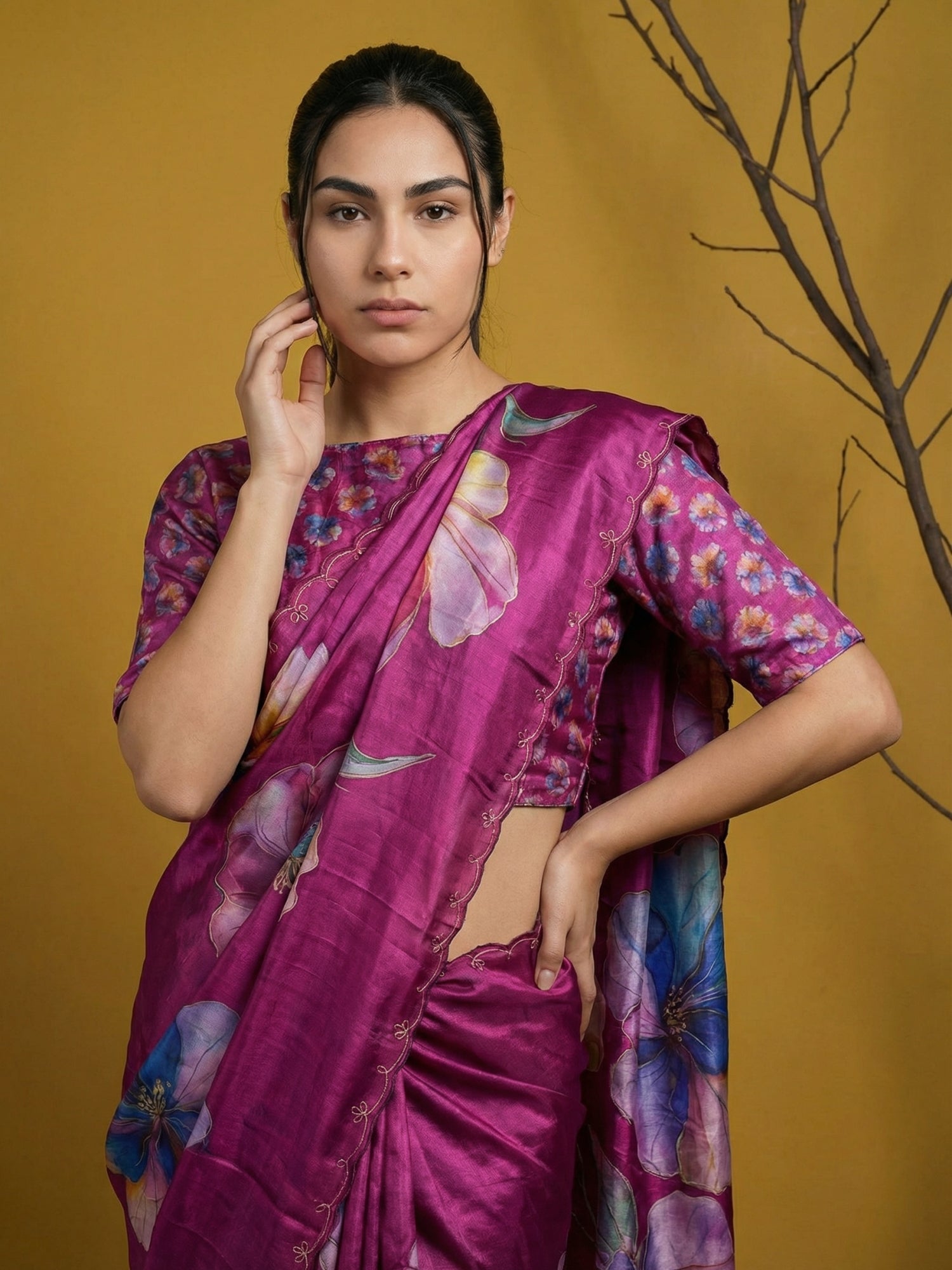 Fendy Satin Floral Printed DarkPink Saree with Handwork Embroidery and Cutwork Aari Border