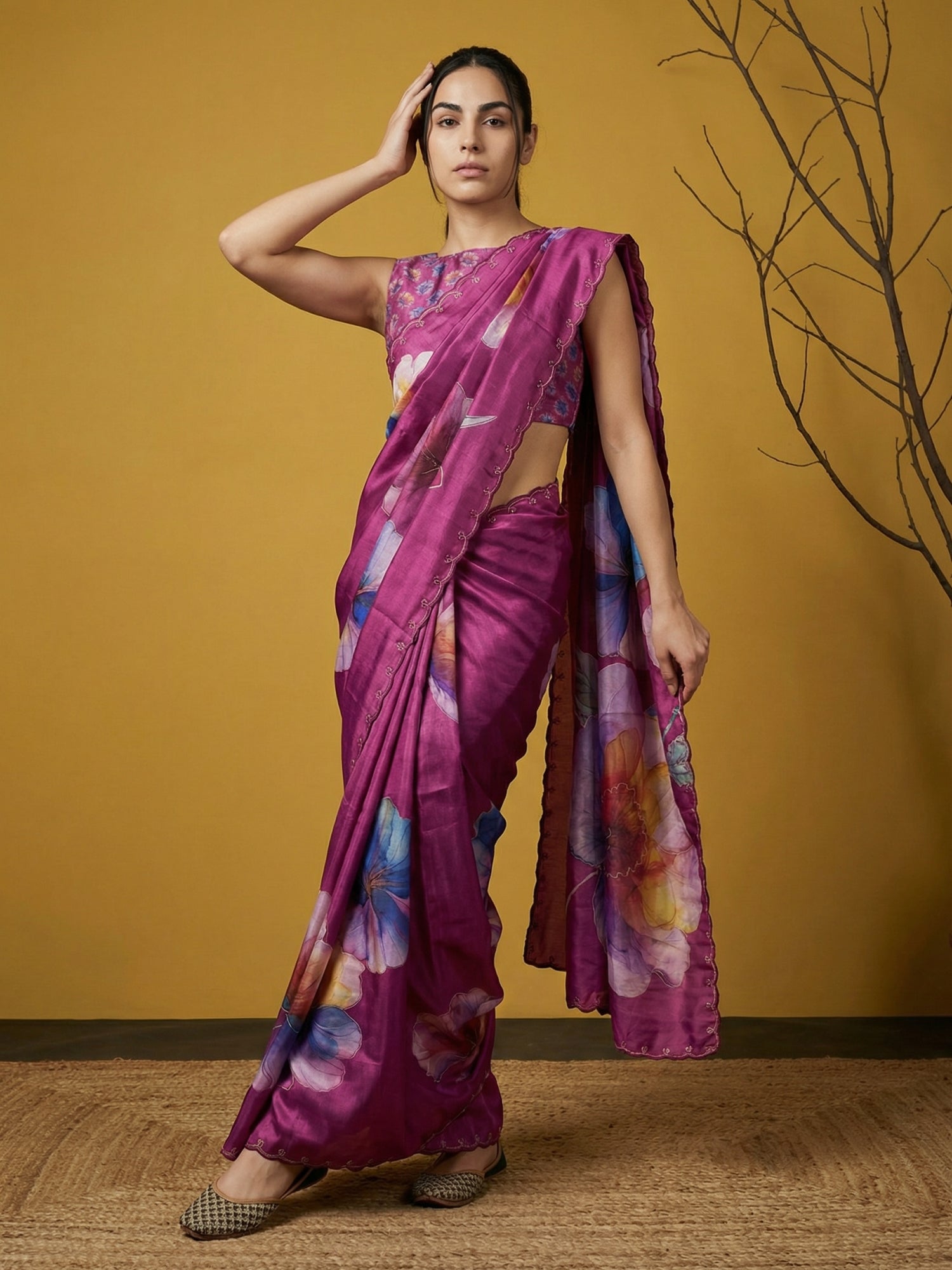Fendy Satin Floral Printed DarkPink Saree with Handwork Embroidery and Cutwork Aari Border