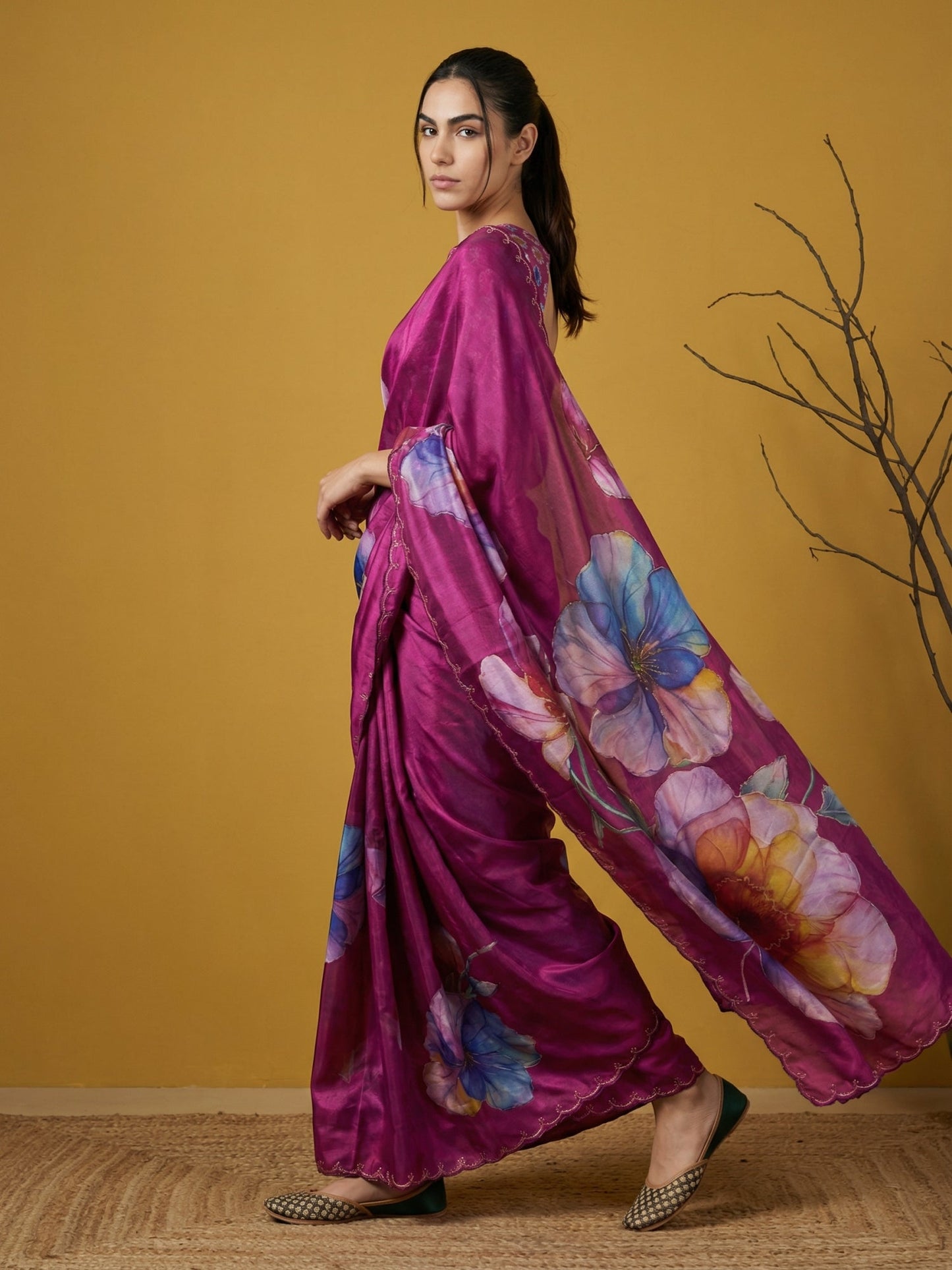 Fendy Satin Floral Printed DarkPink Saree with Handwork Embroidery and Cutwork Aari Border