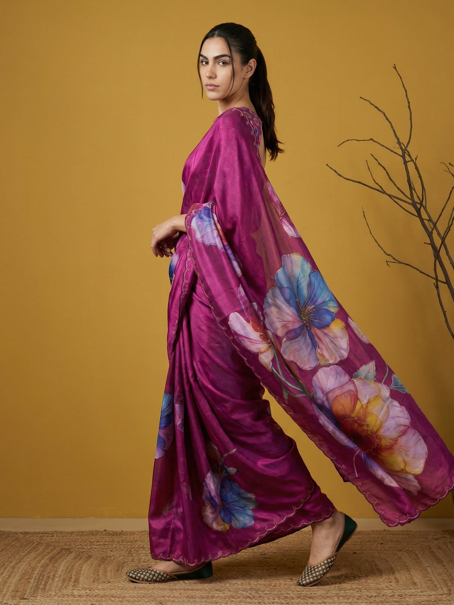 Fendy Satin Floral Printed DarkPink Saree with Handwork Embroidery and Cutwork Aari Border