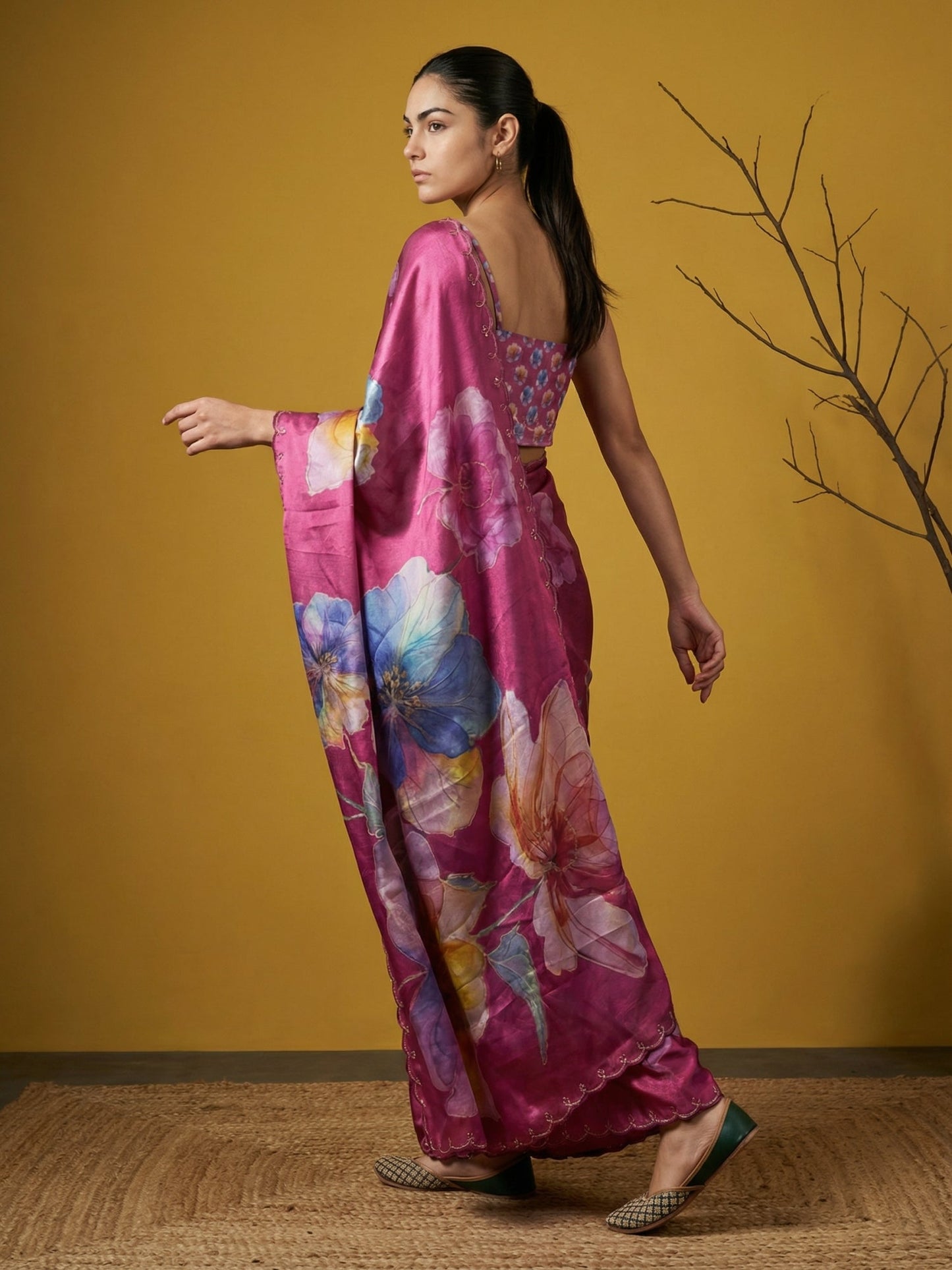 Fendy Satin Floral Printed DarkPink Saree with Handwork Embroidery and Cutwork Aari Border
