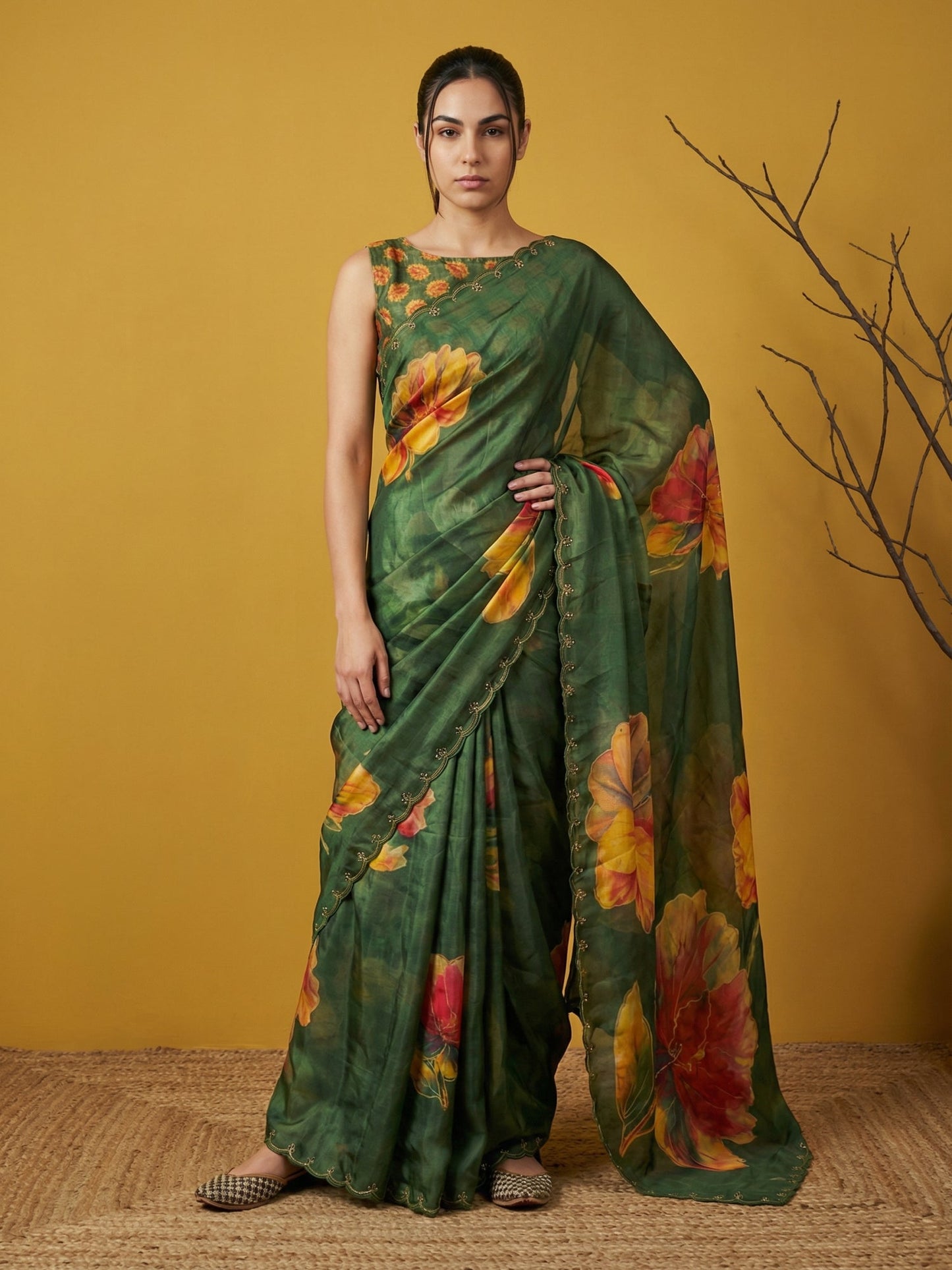 Fendy Satin Floral Printed Green Saree with Handwork Embroidery and Cutwork Aari Border
