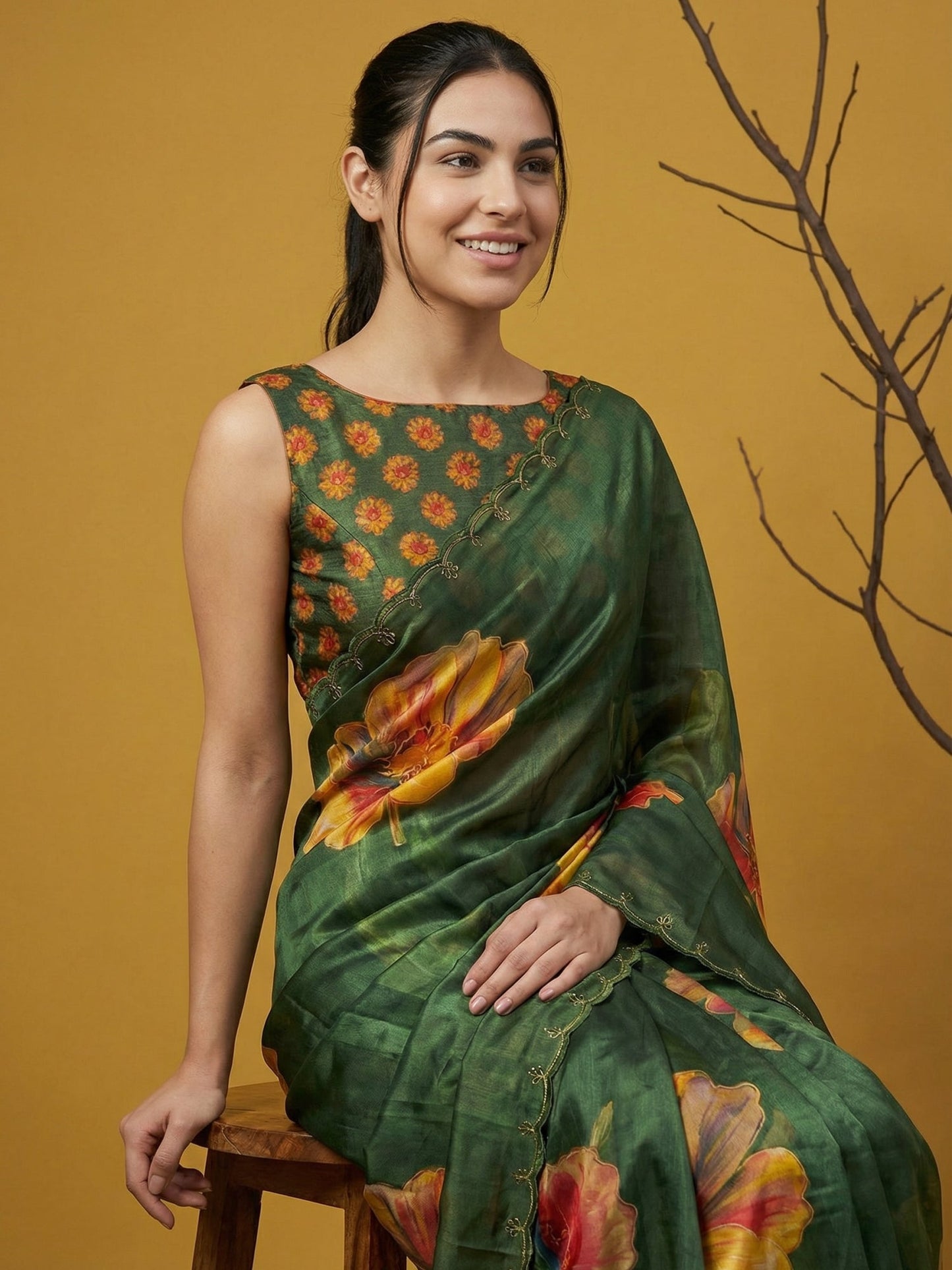 Fendy Satin Floral Printed Green Saree with Handwork Embroidery and Cutwork Aari Border