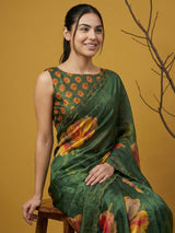 Fendy Satin Floral Printed Green Saree with Handwork Embroidery and Cutwork Aari Border