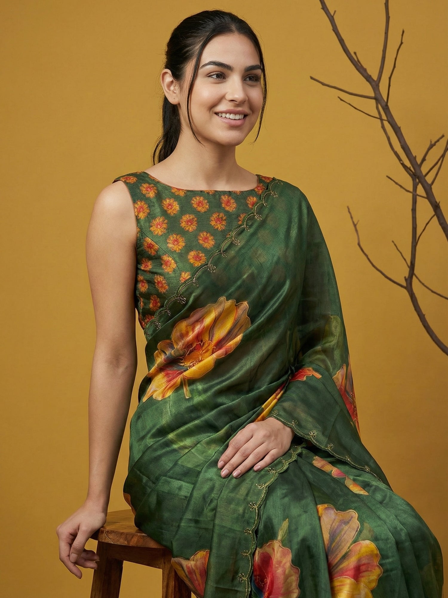 Fendy Satin Floral Printed Green Saree with Handwork Embroidery and Cutwork Aari Border
