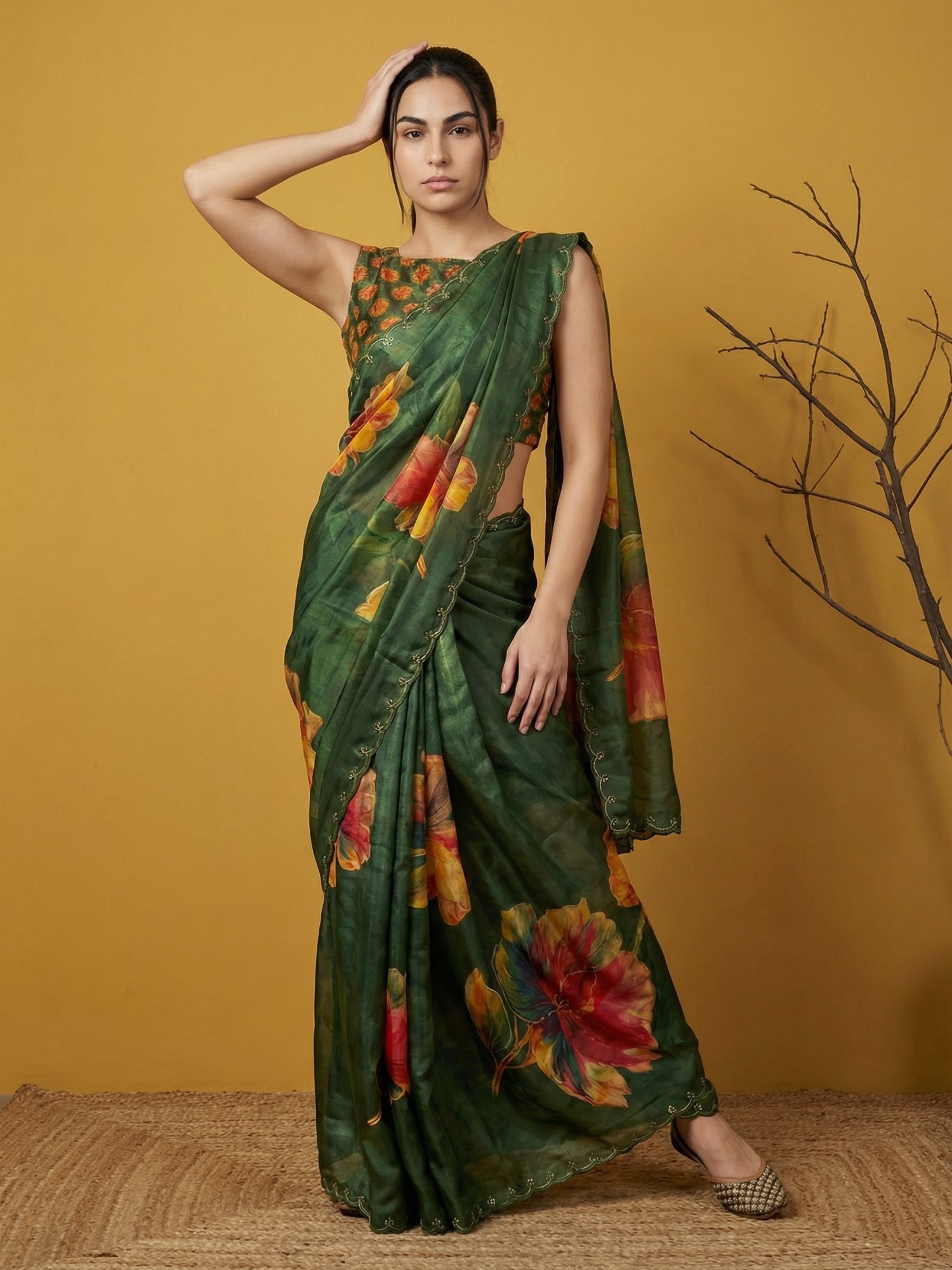 Fendy Satin Floral Printed Green Saree with Handwork Embroidery and Cutwork Aari Border