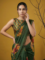 Fendy Satin Floral Printed Green Saree with Handwork Embroidery and Cutwork Aari Border