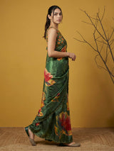 Fendy Satin Floral Printed Green Saree with Handwork Embroidery and Cutwork Aari Border