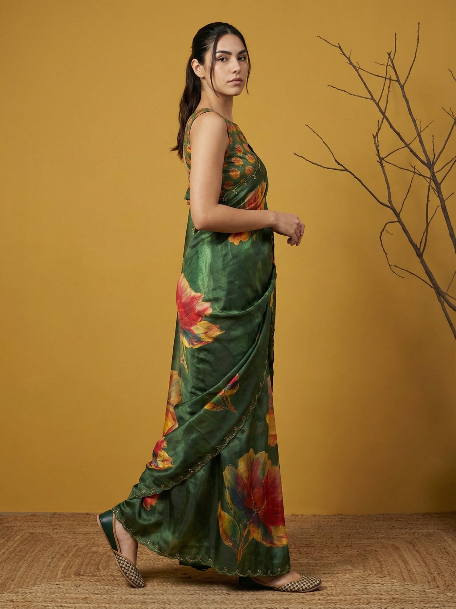 Fendy Satin Floral Printed Green Saree with Handwork Embroidery and Cutwork Aari Border