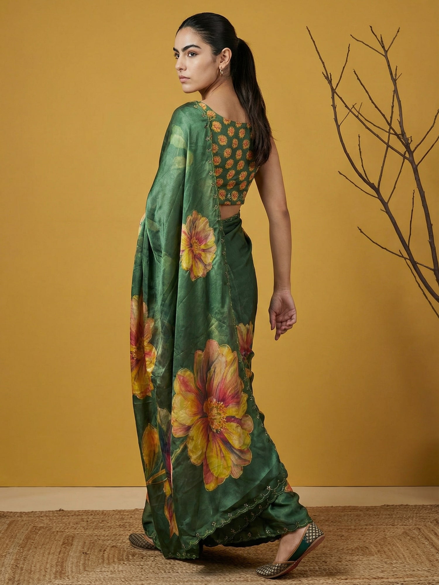 Fendy Satin Floral Printed Green Saree with Handwork Embroidery and Cutwork Aari Border