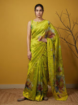 Fendy Satin Floral Printed Mehendi Saree with Handwork Embroidery and Cutwork Aari Border