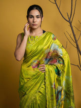 Fendy Satin Floral Printed Mehendi Saree with Handwork Embroidery and Cutwork Aari Border
