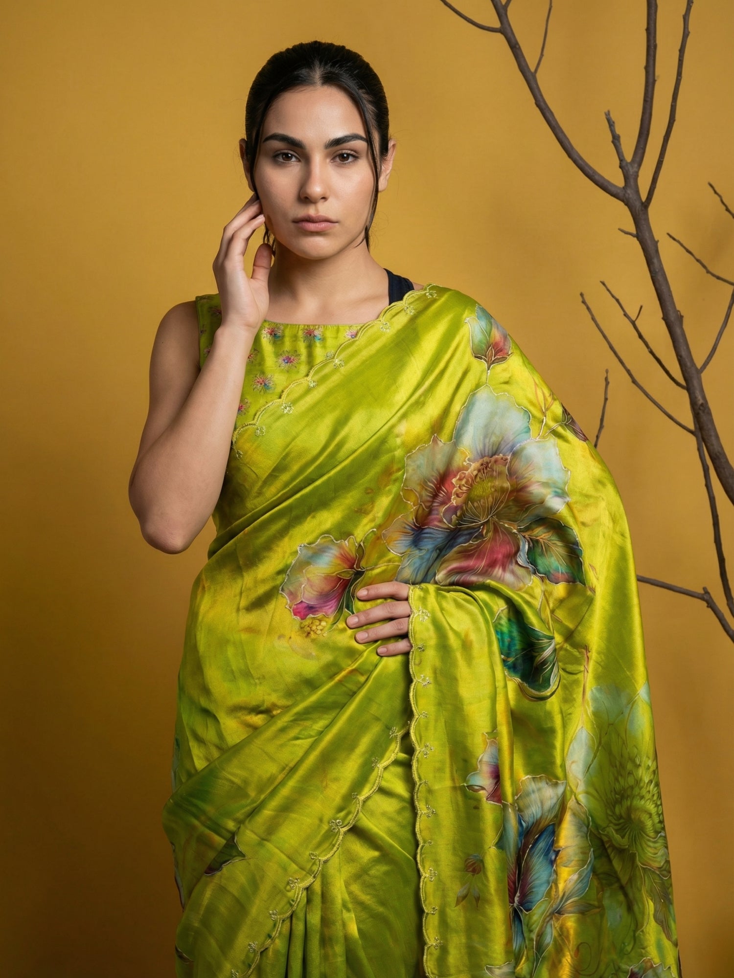 Fendy Satin Floral Printed Mehendi Saree with Handwork Embroidery and Cutwork Aari Border