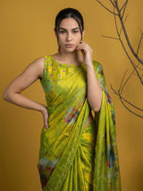 Fendy Satin Floral Printed Mehendi Saree with Handwork Embroidery and Cutwork Aari Border