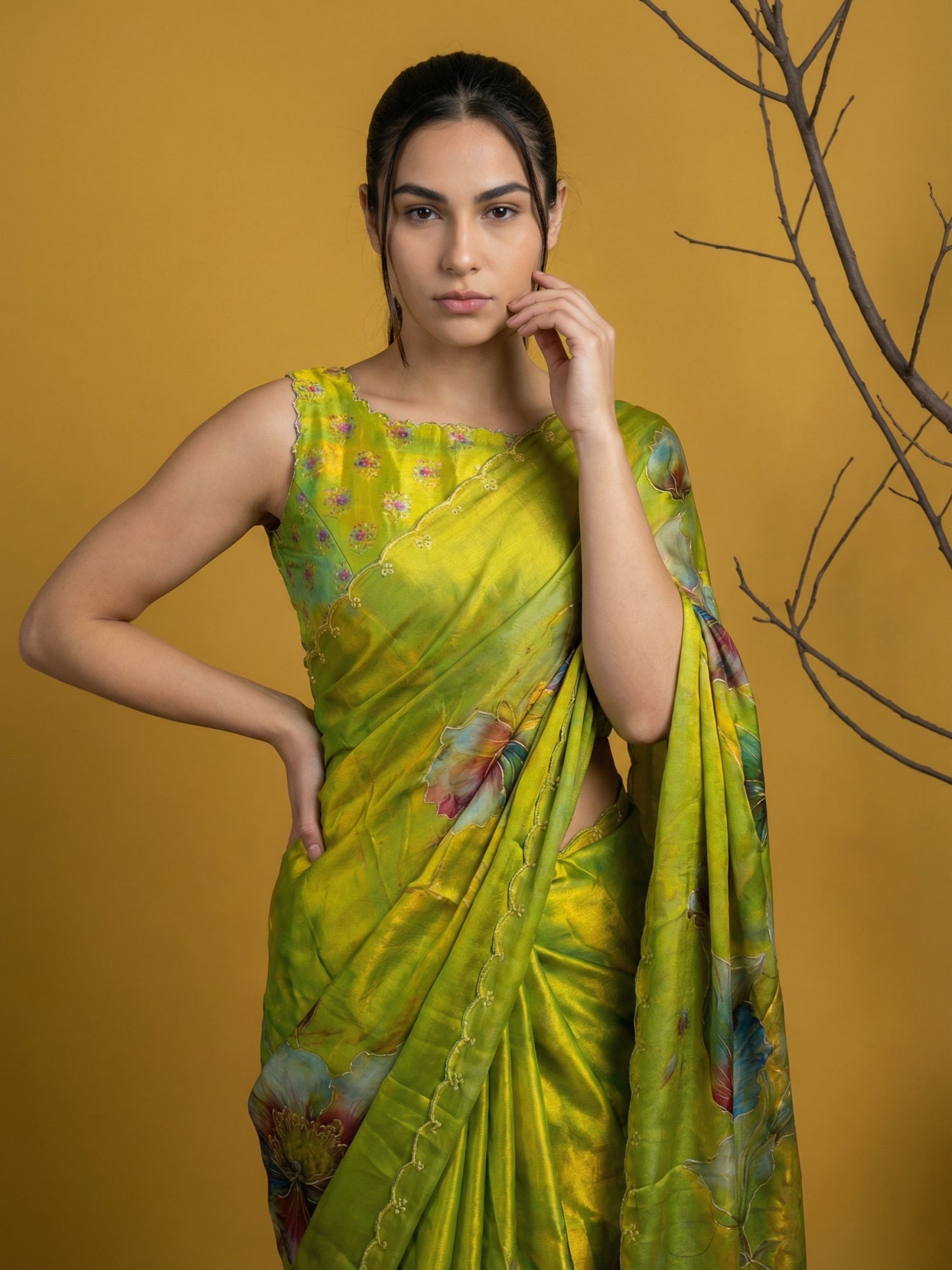 Fendy Satin Floral Printed Mehendi Saree with Handwork Embroidery and Cutwork Aari Border