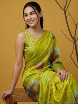 Fendy Satin Floral Printed Mehendi Saree with Handwork Embroidery and Cutwork Aari Border
