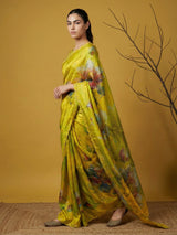 Fendy Satin Floral Printed Mehendi Saree with Handwork Embroidery and Cutwork Aari Border