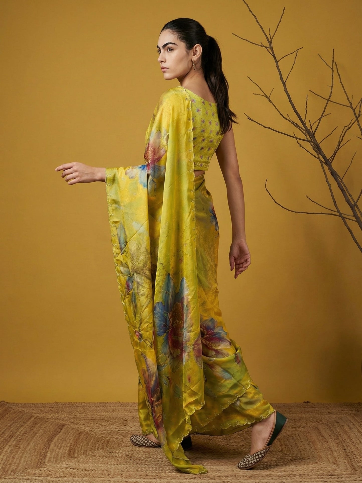 Fendy Satin Floral Printed Mehendi Saree with Handwork Embroidery and Cutwork Aari Border